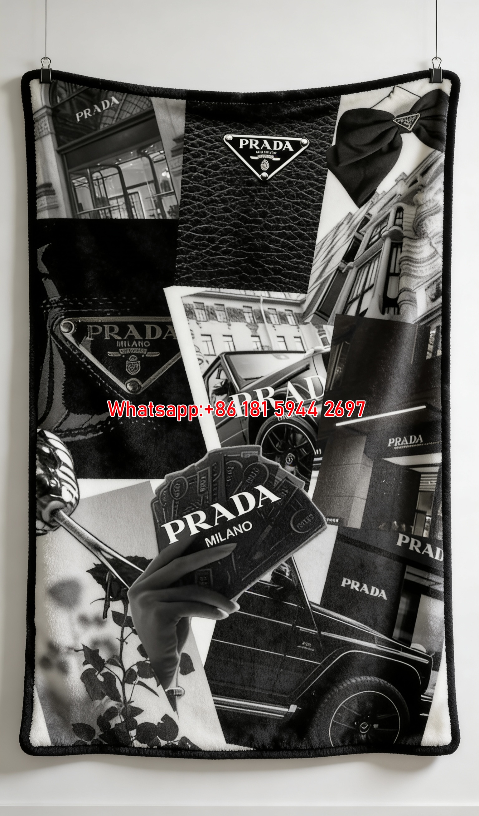 Prada Milano Luxury Aesthetic Collage Print Flannel Throw Blanket Classic Black White Monochrome Designer Sofa Cover Blanket IMG_2831